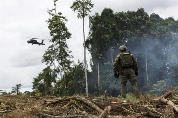 An anti-narcotics police officer stands as a police helicopter flies over a coca field during an operation in Tumaco, Nariño department, Colombia, Tuesday, May 8, 2019. The production of coca, the raw material for making cocaine , has more than tripled.  in Colombia for the past five years, fueling violence in large areas of the country.  Photographer: Nicolo Filippo Rosso/Bloomberg