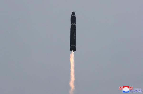 A Hwasong-15 interco<em></em>ntinental ballistic missile (ICBM) is launched at Pyo<em></em>ngyang Internatio<em></em>nal Airport