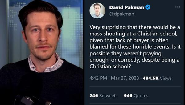 大卫·帕克曼删除了嘲笑基督徒被跨性别学校枪手杀害的推文，称他是“反犹太主义”的受害者